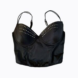 Vintage Black Satin Bustier Corset Bra Studded Rhinestone Crop Top Y2K Pinup 38C
